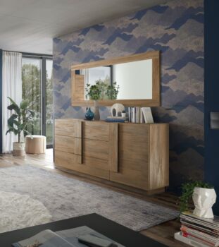 Soggiorno moderno scontato con tavolo, credenza e colonna in finitura Mercure