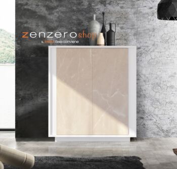 Madia di Design Alta, Credenza Moderna 2 ante, Bianco Nobilitato e Opera