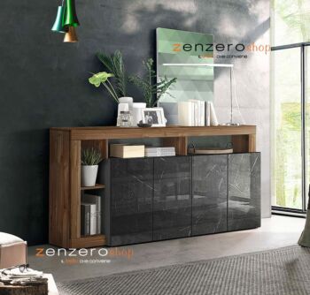 Credenza Madia a 4 ante con un ripiano in finitura Marmo Lucido Nero e Noce Dark