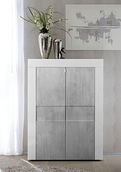 Credenze Moderna, Madia di Design, 2 ante Alta, Bianco Lucido con frontale Beton