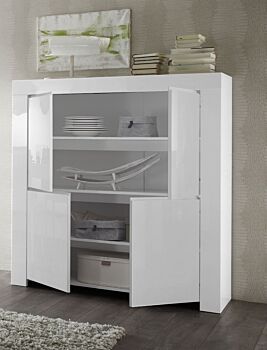 Credenza Moderna, Madia di Design, Made in Italy 4 ante Alta, Bianco Lucido