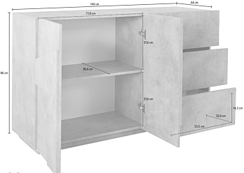 Madia moderna con 3 cassetti e 2 ante con disegno geometrico in Bianco lucido