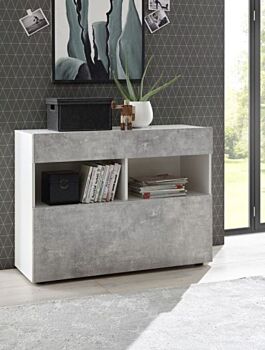 Credenza Madia moderna, 1 anta ribalta 1 cassetto, finitura Bianco laccato lucido e Beton