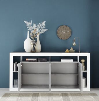 Madia moderna di design a 4 ante, finitura Bianco lucido e cemento