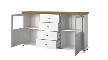 Madia elegante 2 ante e 4 cassetti, finitura bianco frassinato e rovere