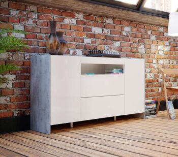 Madia Bianca lucido con fianchi Grigio loftwood, 2 ante 2 cassetti