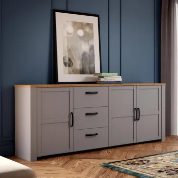 Madia Rovere riviera e Rovere grigio, 3 ante 3 cassetti, L.221 H.87
