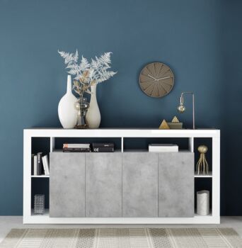 Madia moderna di design a 4 ante, finitura Bianco lucido e cemento
