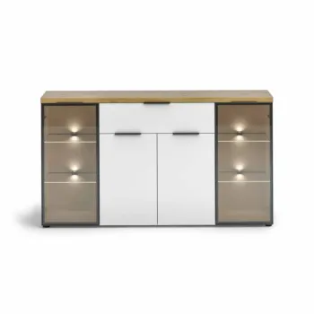 Madia moderna, colore Bianco lucido e Rovere chiaro