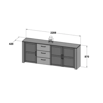 Madia Rovere riviera e Rovere grigio, 3 ante 3 cassetti, L.221 H.87