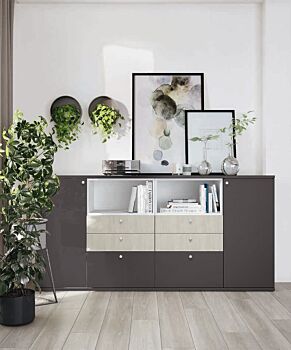Madia 6 cassetti e 2 ante, finitura Grigio titanio e Rovere cognac