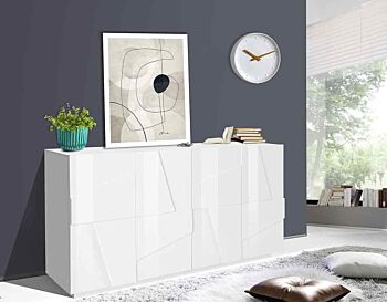 Madia moderna con 4 ante dal disegno geometrico in finitura Bianco lucido