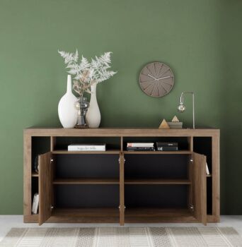 Sala completa Mercure, composta da tavolo moderno, libreria, madia 4 ante 