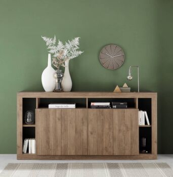 Sala completa Mercure, composta da tavolo moderno, libreria, madia 4 ante 