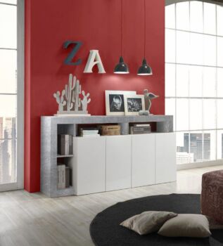Madia a 4 ante con un ripiano in finitura bianco laccato lucido e Cemento