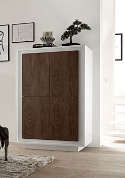 Credenza Moderna, Madia di Design, 4 ante Alta, Bianco Opaco con frontali Cognac