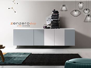 Credenza sospesa, Madia moderna, 5 ante, finitura Bianco, Alluminio e Grey
