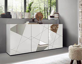 Madia moderna serigrafata con 3 ante e specchi in finitura Bianco lucido