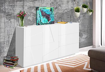 Madia moderna con 3 cassetti e 2 ante con disegno geometrico in Bianco lucido