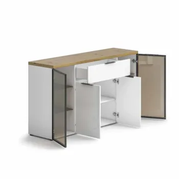 Madia moderna, colore Bianco lucido e Rovere chiaro