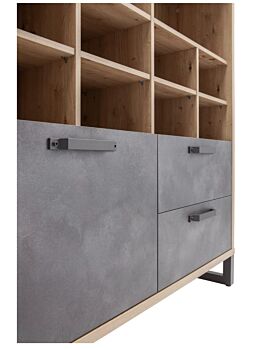 Libreria Industry per ufficio con 2 cassetti e un'anta in finitura Rovere e Grigio smoke