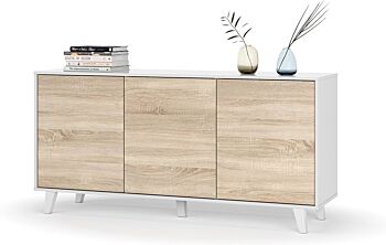 Composizione Alfa, con porta TV, Madia e tavolino, Bianco Lucido e Rovere