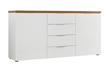 Capiente Madia 2 ante e 4 cassetti finitura Bianco lucido e Castagno, Made in Italy