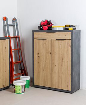 Credenza alta con 2 ante e 1 cassetto, Rovere chiaro e Grigio smoke