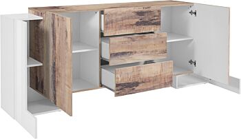 Credenza moderna Pero e Bianco lucido, 3 cassetti e 4 ante