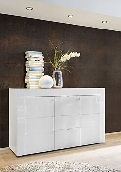 Credenza Moderna, Madia di Design, 2 ante e 3 cassetti, Bianco Lucido