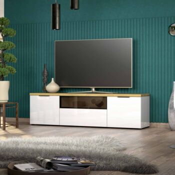 Porta TV colore Bianco lucido e Rovere chiaro