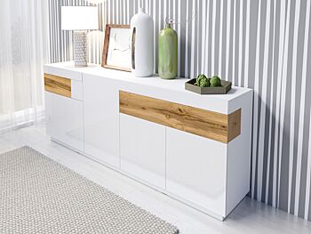 Madia e 2 vetrine moderne bianco lucido e rovere naturale