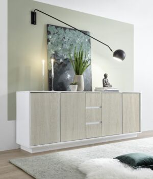 Credenza in offerta, madia moderna 4 ante 3 cassetti bianco e olmo