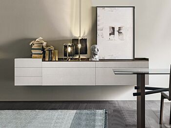 Madia moderna sospesa con cassetti, finitura Intreccio chiaro e Rovere termocotto