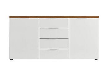 Capiente Madia 2 ante e 4 cassetti finitura Bianco lucido e Castagno, Made in Italy