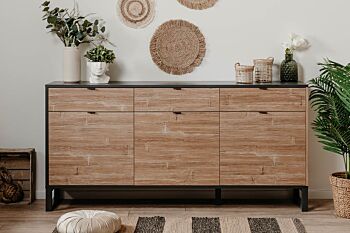 Madia moderna con tre ante e tre cassetti in finitura antracite e bamboo