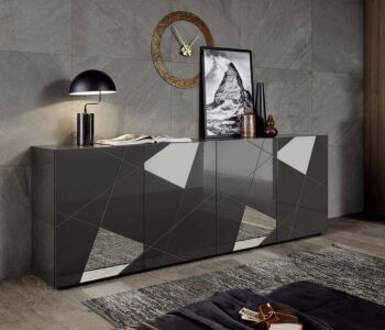 Madia moderna serigrafata con 4 ante e specchi in finitura Grigio lucido