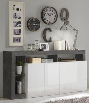 Soggiorno moderno completo in finitura bianco laccato lucido e ossido