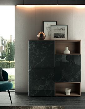 Madia moderna Cuore con 3 ante   in finitura Bianco calce, Quercia brown e Vetro marmo dark