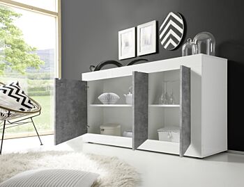 Credenza Moderna, Madia Bianca Lucida con 3 ante in finitura Cemento