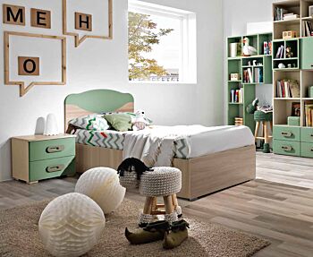 Letto singolo Marica con contenitore, finitura Olmo e Verde Papua