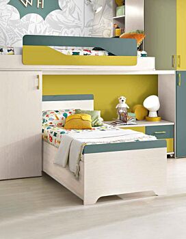 Letto singolo Simone con contenitore, finitura Betulla e Petrolio