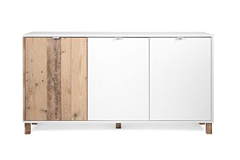 Soggiorno Kilsbo composto da un porta Tv, una madia e un tavolino in finitura Bianco opaco e Legno vecchio