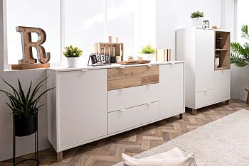 Mobile Madia Kilsbo con 2 ante e 3 cassetti in finitura Bianco opaco e Legno vecchio