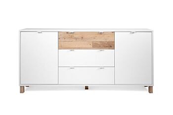 Mobile Madia Kilsbo con 2 ante e 3 cassetti in finitura Bianco opaco e Legno vecchio