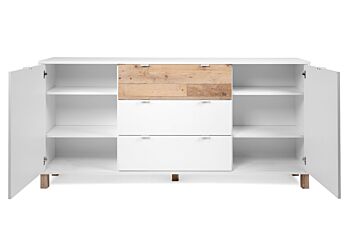 Mobile Madia Kilsbo con 2 ante e 3 cassetti in finitura Bianco opaco e Legno vecchio