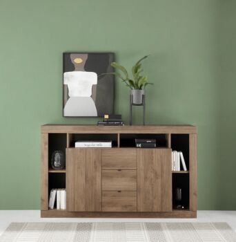 Soggiorno completo Made in Italy, finitura Mercure composto da madia 2 ante + 3 cassetti, tavolo allungabile e madia 2 ante 