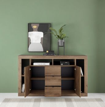 Soggiorno completo Made in Italy, finitura Mercure composto da madia 2 ante + 3 cassetti, tavolo allungabile e madia 2 ante 