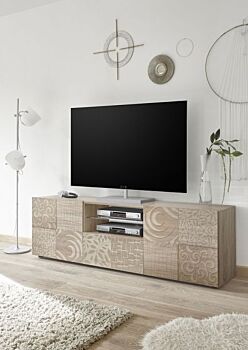 Sala completa di base porta tv, madia e vetrina in rovere serigrafato