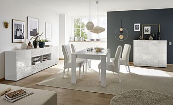 Sala completa di tavolo, 1 madia con 4 cassetti e 1 madia 2 ante in bianco laccato lucido serigrafato